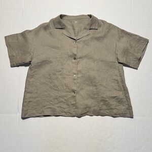 MUJI 100% Linen Casual Short Sleeve‎ Button-Up Boxy Fit Taupe Shirt Size XS/S